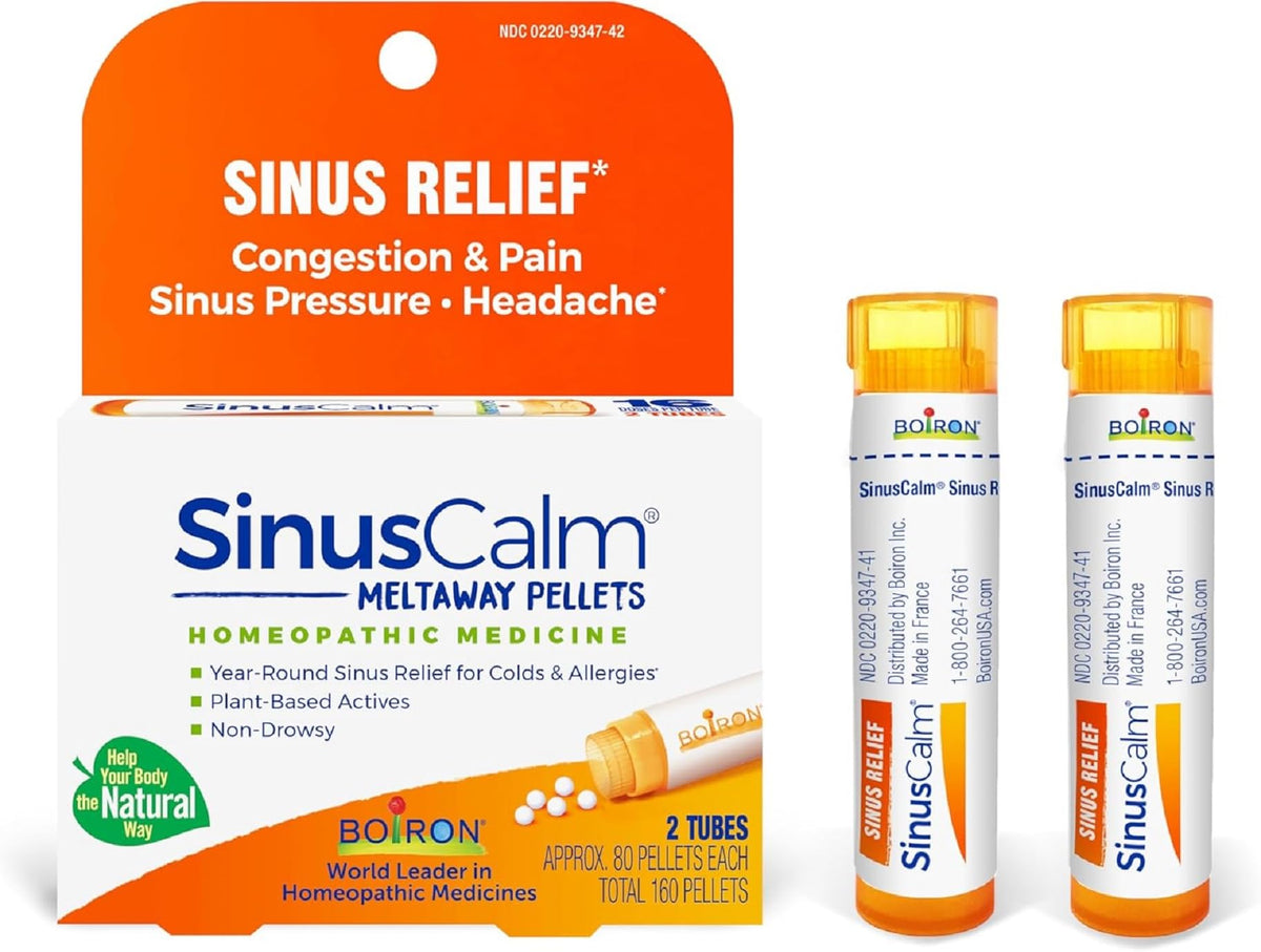 Boiron SinusCalm pellets in a tube for portable nasal relief on the go.