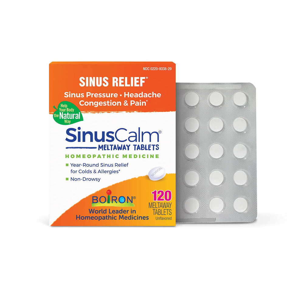 Boiron SinusCalm tablets pack for quick, non-drowsy relief.
