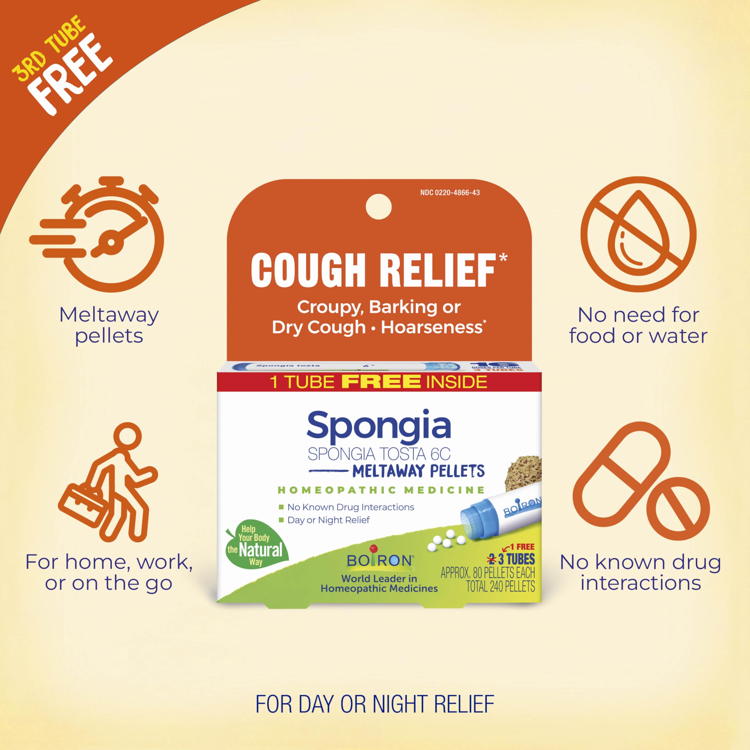 Boiron Spongia Tosta 6C Bonus Pack provides three tubes for value and daily use.