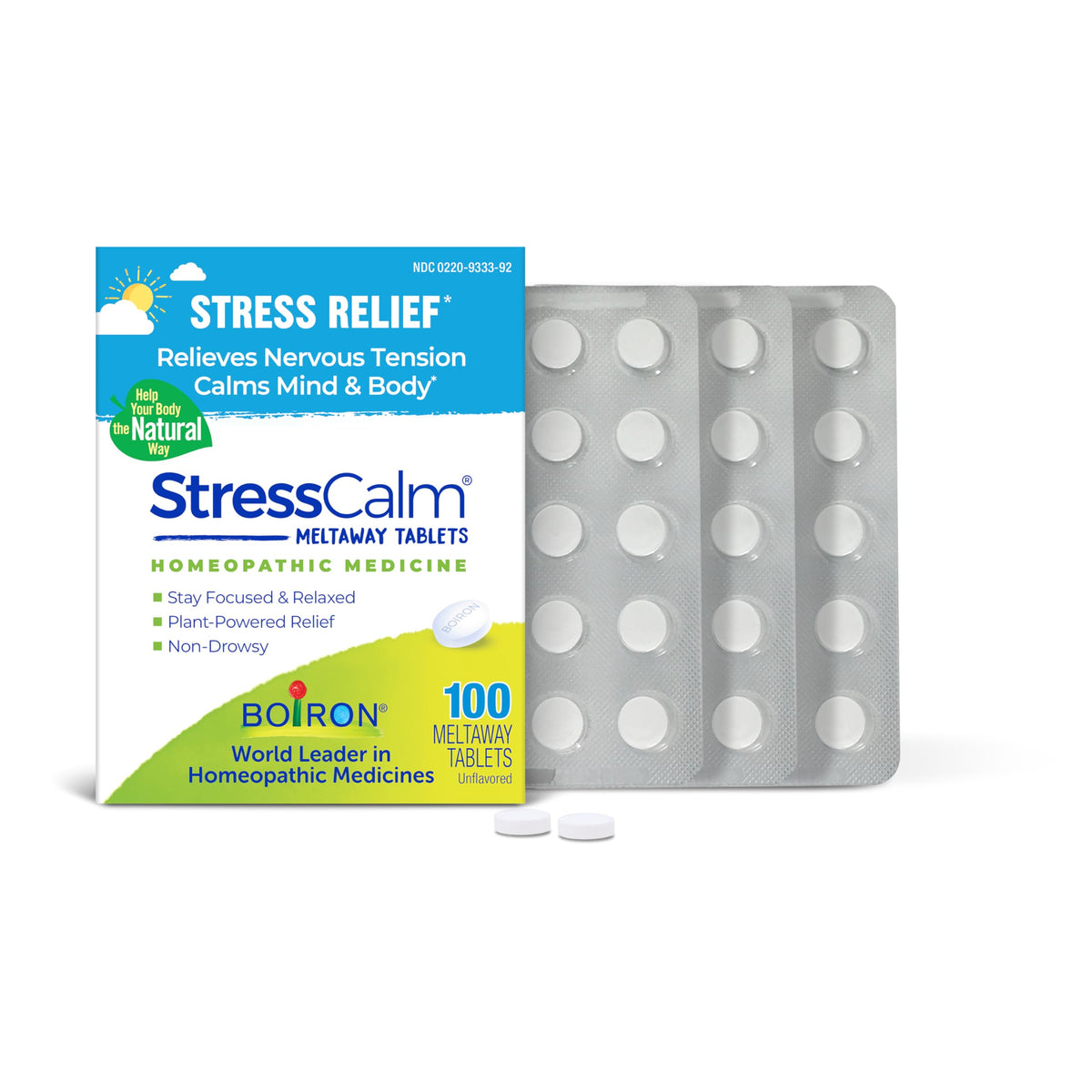 Boiron StressCalm bottle front showing discreet, water-free meltaway tablets for on-the-go relief.