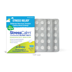 Boiron StressCalm bottle front showing discreet, water-free meltaway tablets for on-the-go relief.