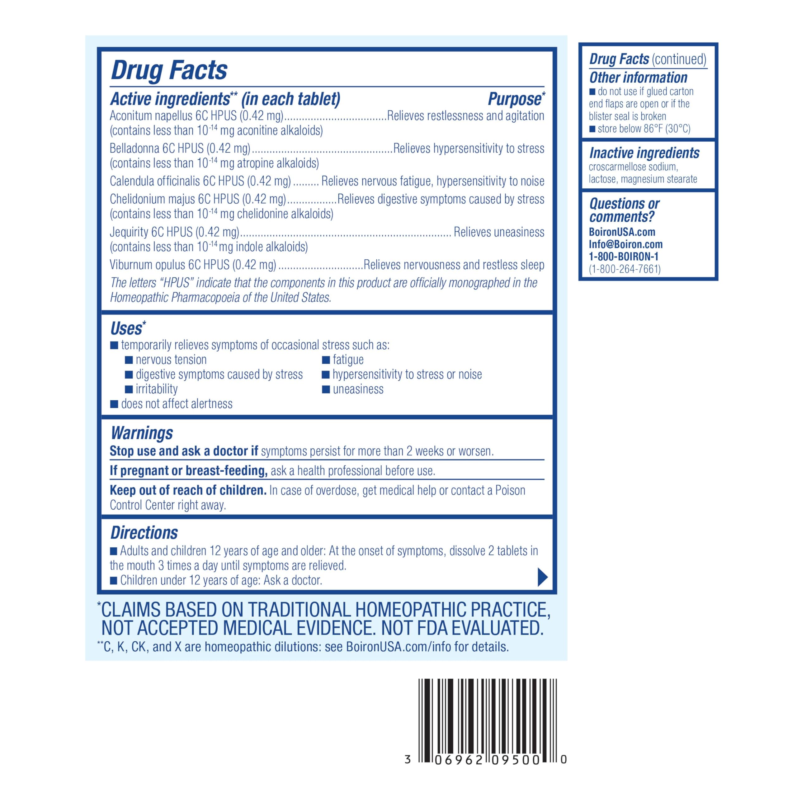 Boiron StressCalm bottle side view, compact design for bags.