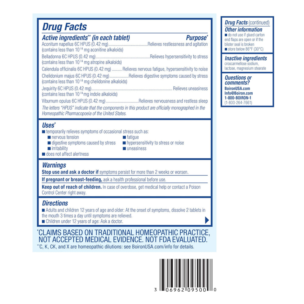 Boiron StressCalm bottle side view, compact design for bags.