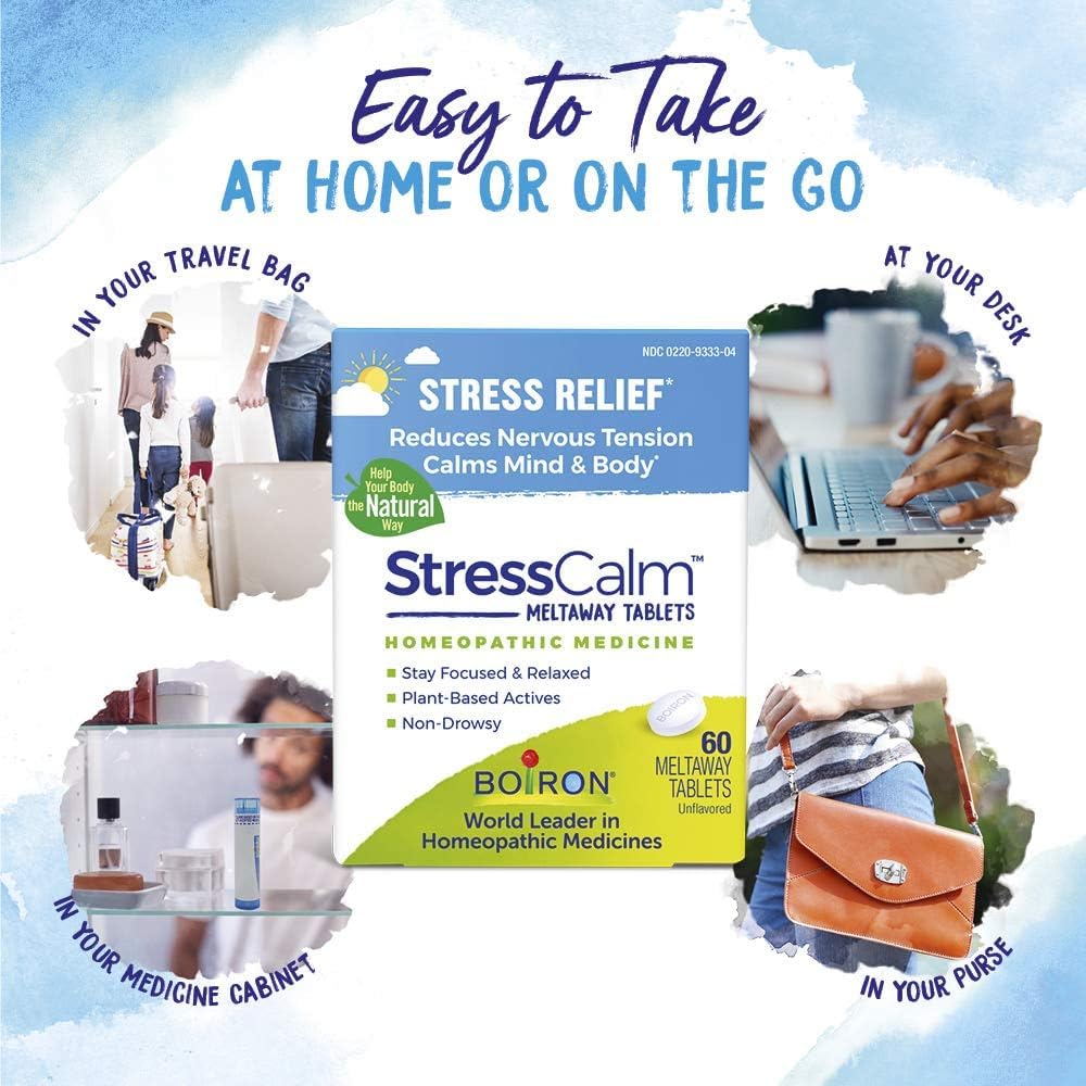 Boiron StressCalm capsules highlight easy dosing for quick support before important events.
