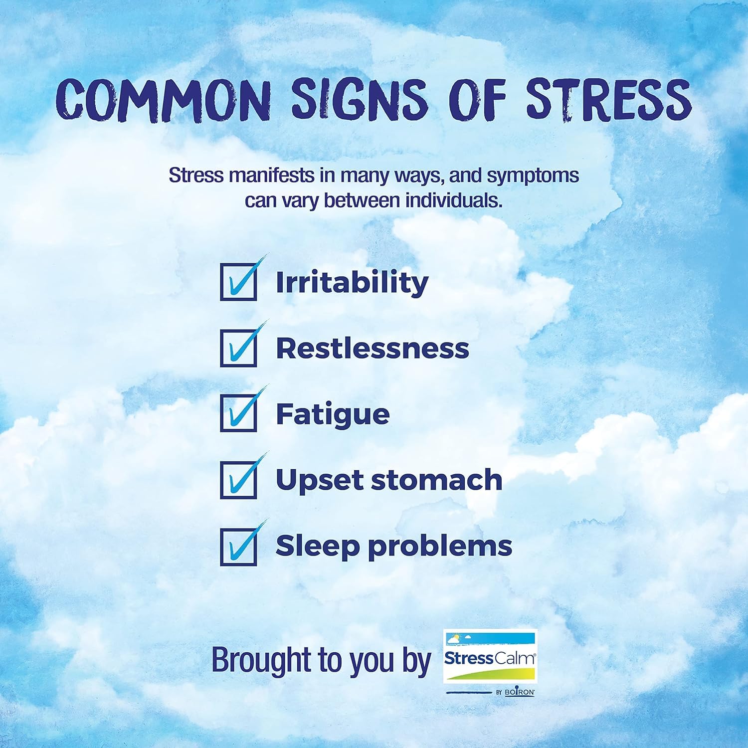 Boiron StressCalm ingredients list features plant-based actives for nervous tension relief.