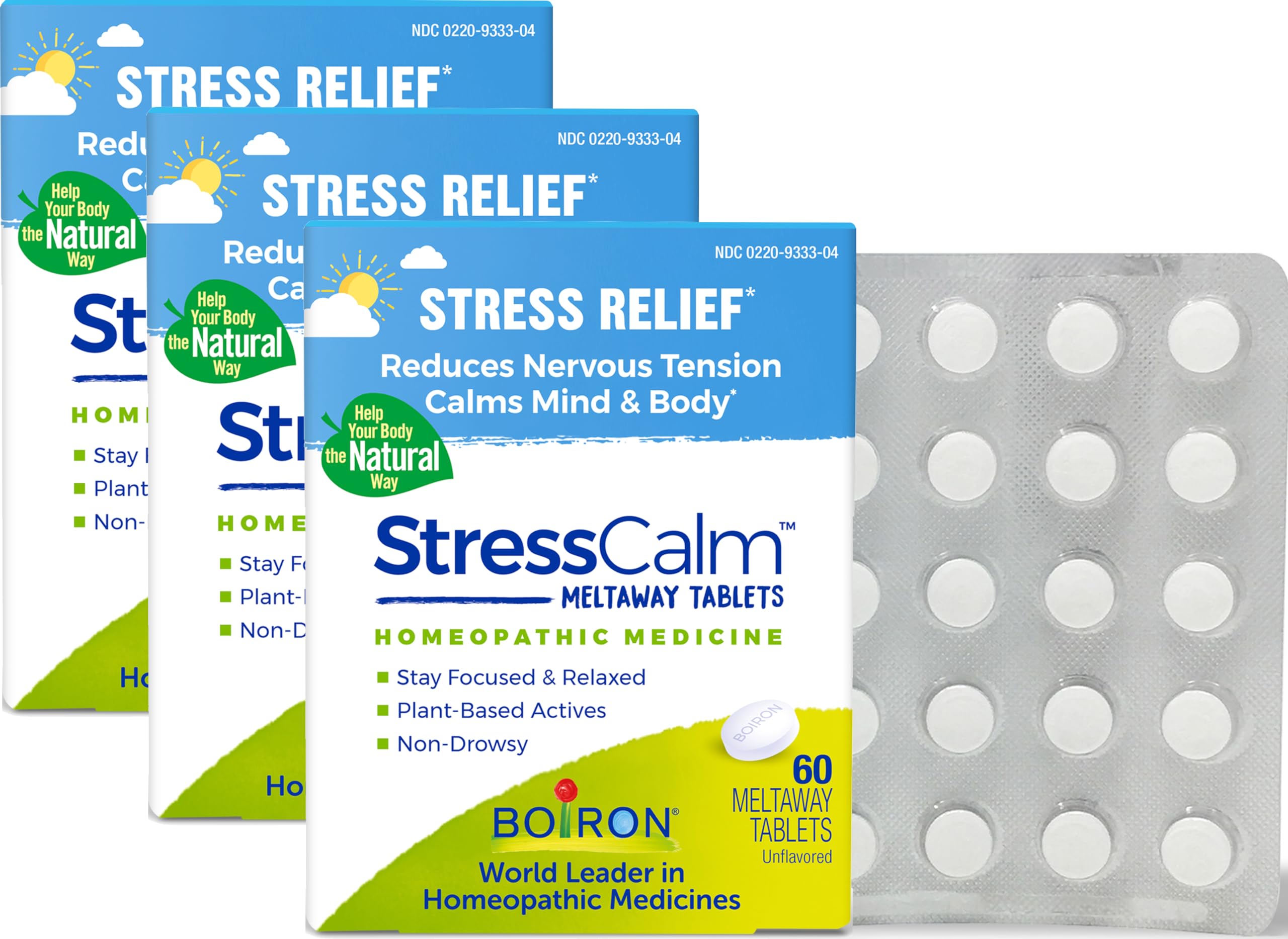 Boiron StressCalm meltaway tablet dissolving on the tongue for quick, discreet stress support.