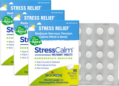 Boiron StressCalm meltaway tablet dissolving on the tongue for quick, discreet stress support.