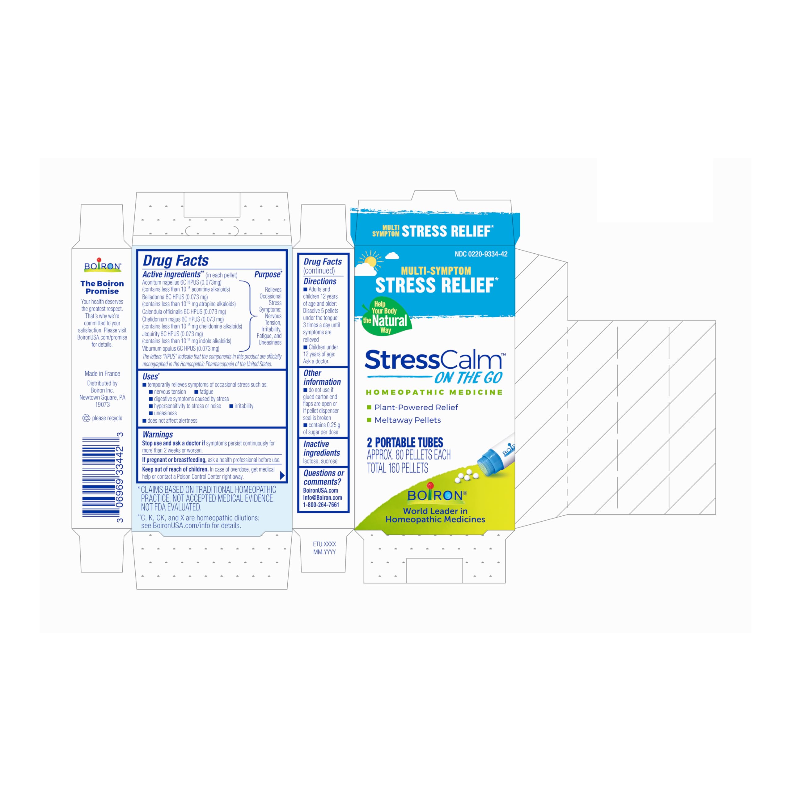Boiron StressCalm On The Go box packaging, 4-tube set for convenience.