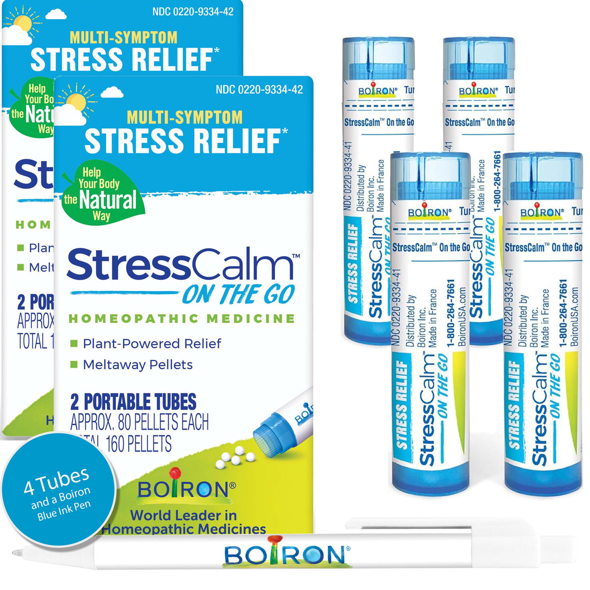 Boiron StressCalm On The Go tubes front view, portable multi-symptom relief.