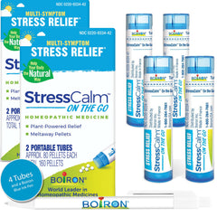 Boiron StressCalm On The Go tubes front view, portable multi-symptom relief.