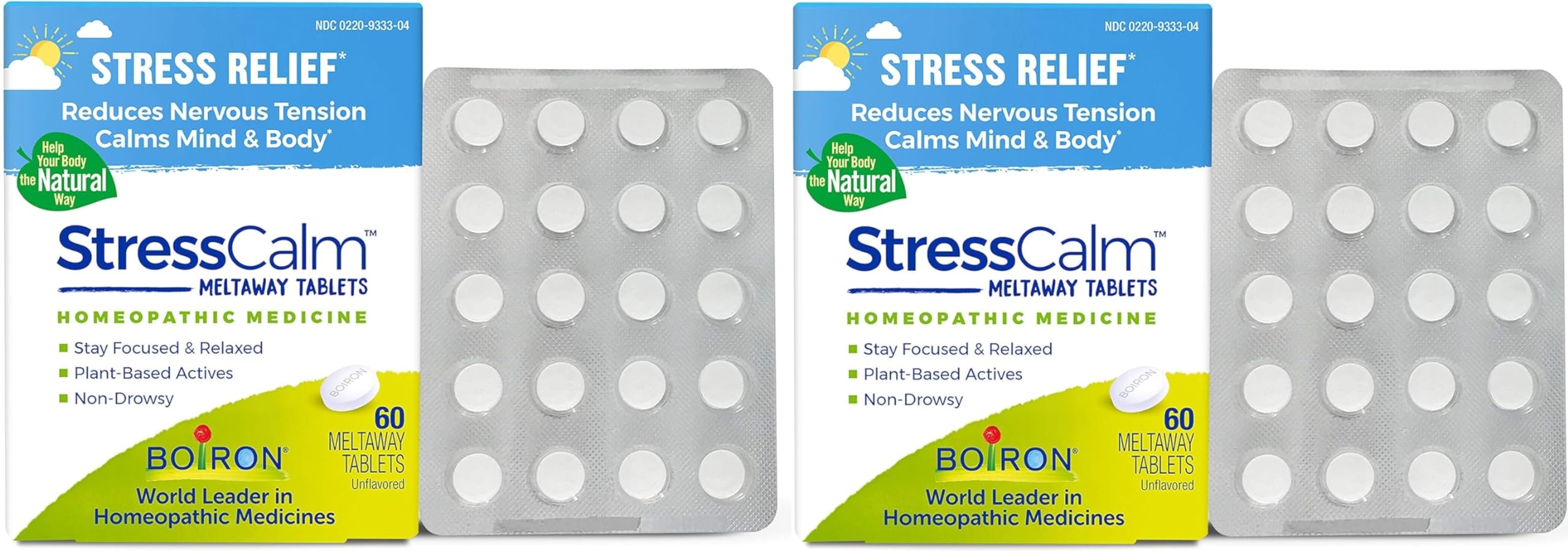 Boiron StressCalm packaging box shows convenient, ready-to-use design for daily stress support.