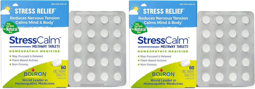 Boiron StressCalm packaging box shows convenient, ready-to-use design for daily stress support.
