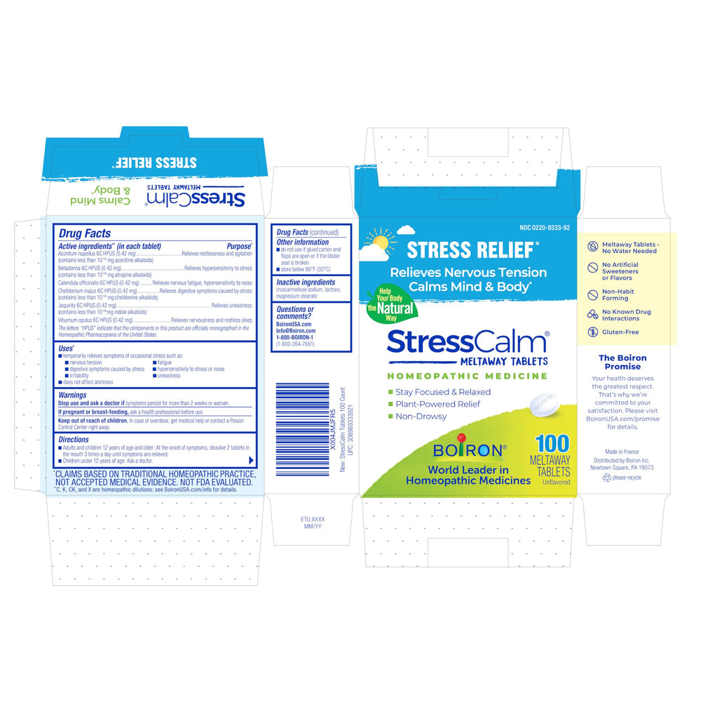 Boiron StressCalm packaging closeup emphasizes no artificial sweeteners, flavors, colors.