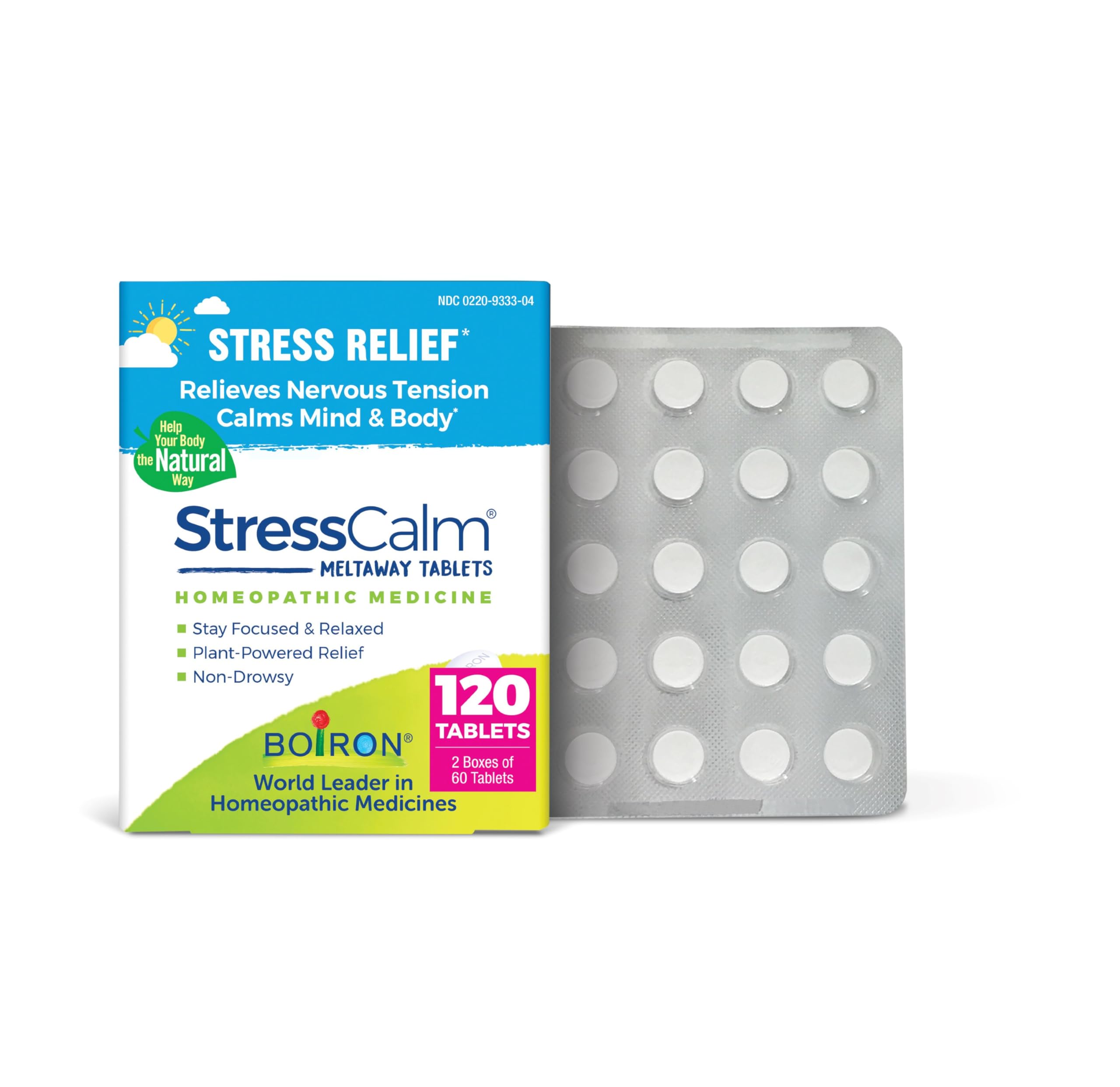 Boiron StressCalm tablets bottle for daily stress support on the go.