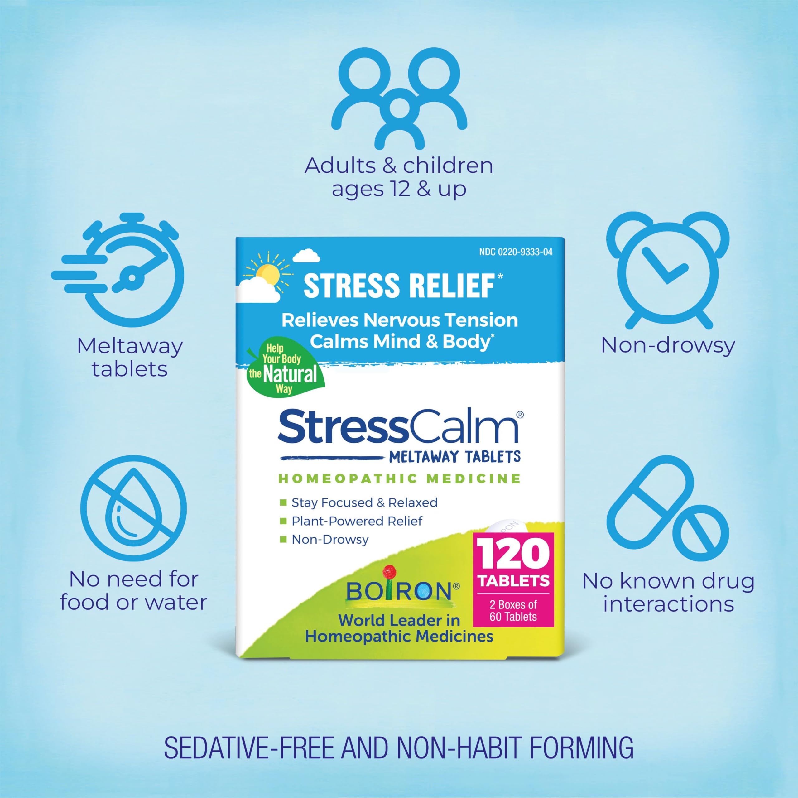 Boiron StressCalm tablets closeup, easy-to-take daily option.