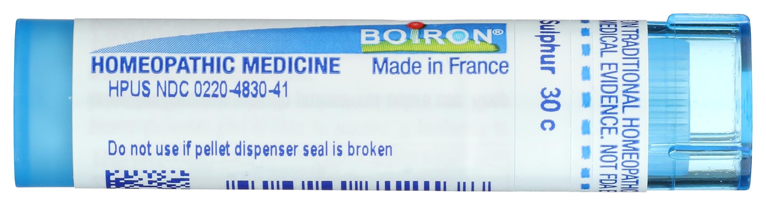 Boiron Sulphur 30C packaging box, travel-ready homeopathic remedy.