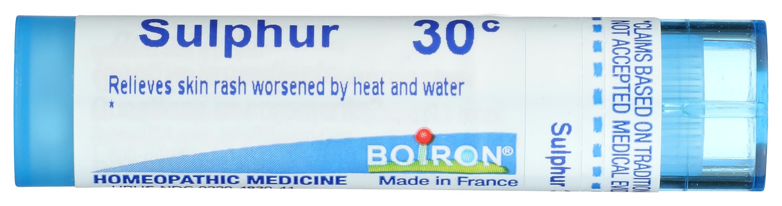 Boiron Sulphur 30C tube front view, compact home remedy on the go.