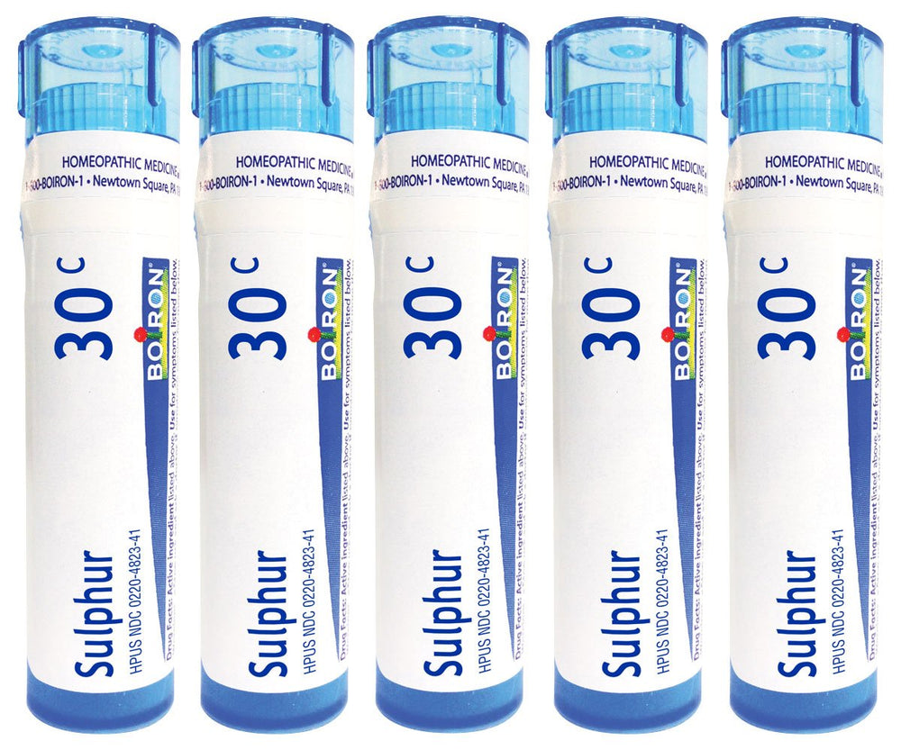 Boiron Sulphur 30C tubes, front view, convenient homeopathic option for skin concerns.