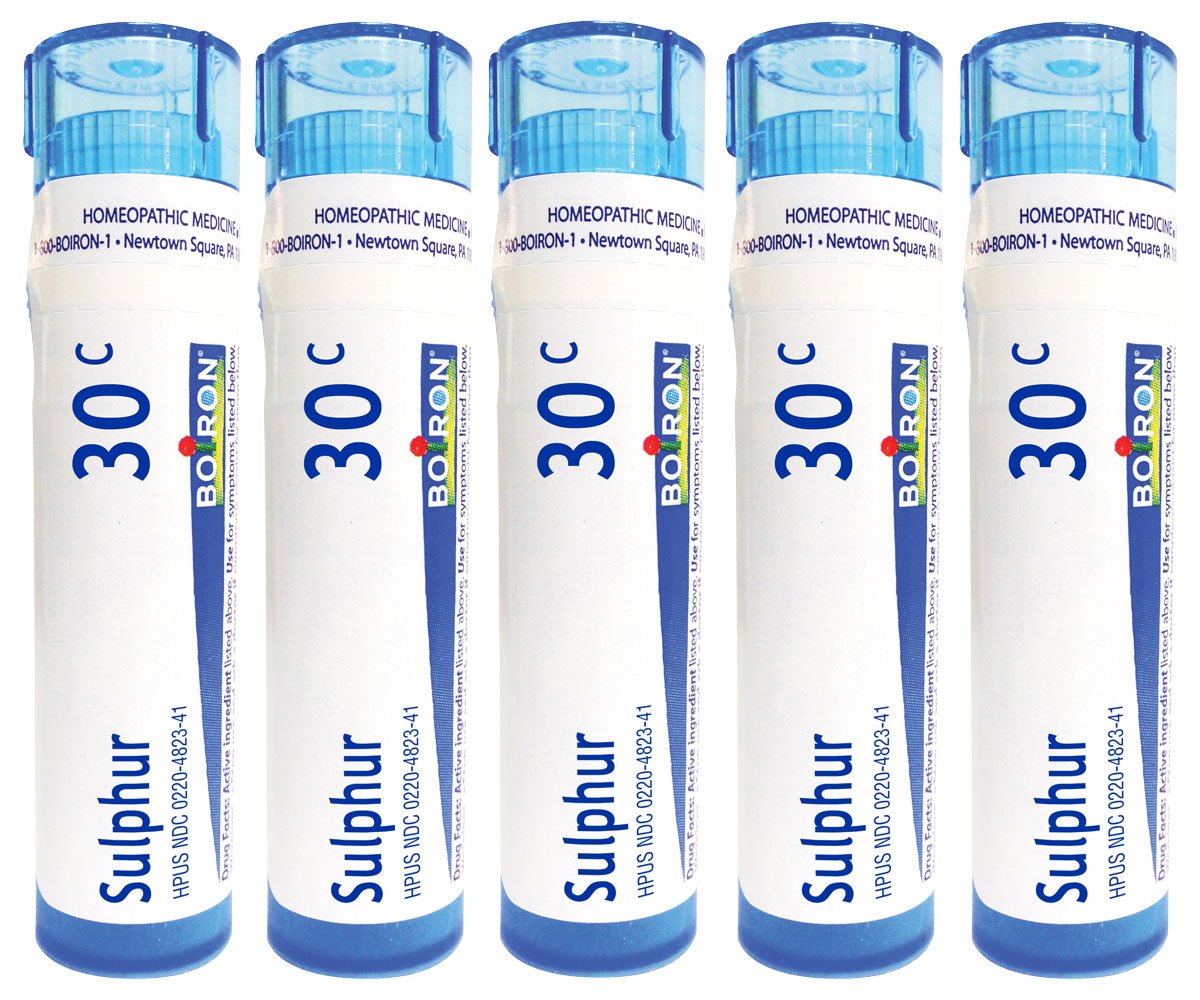 Boiron Sulphur 30C tubes, front view, convenient homeopathic option for skin concerns.