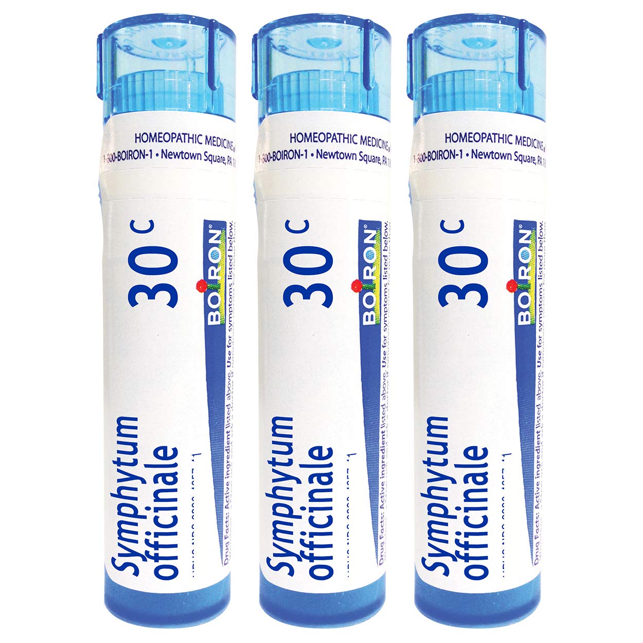 Boiron Symphytum 30c pellets in a tube, close-up for on-the-go support.