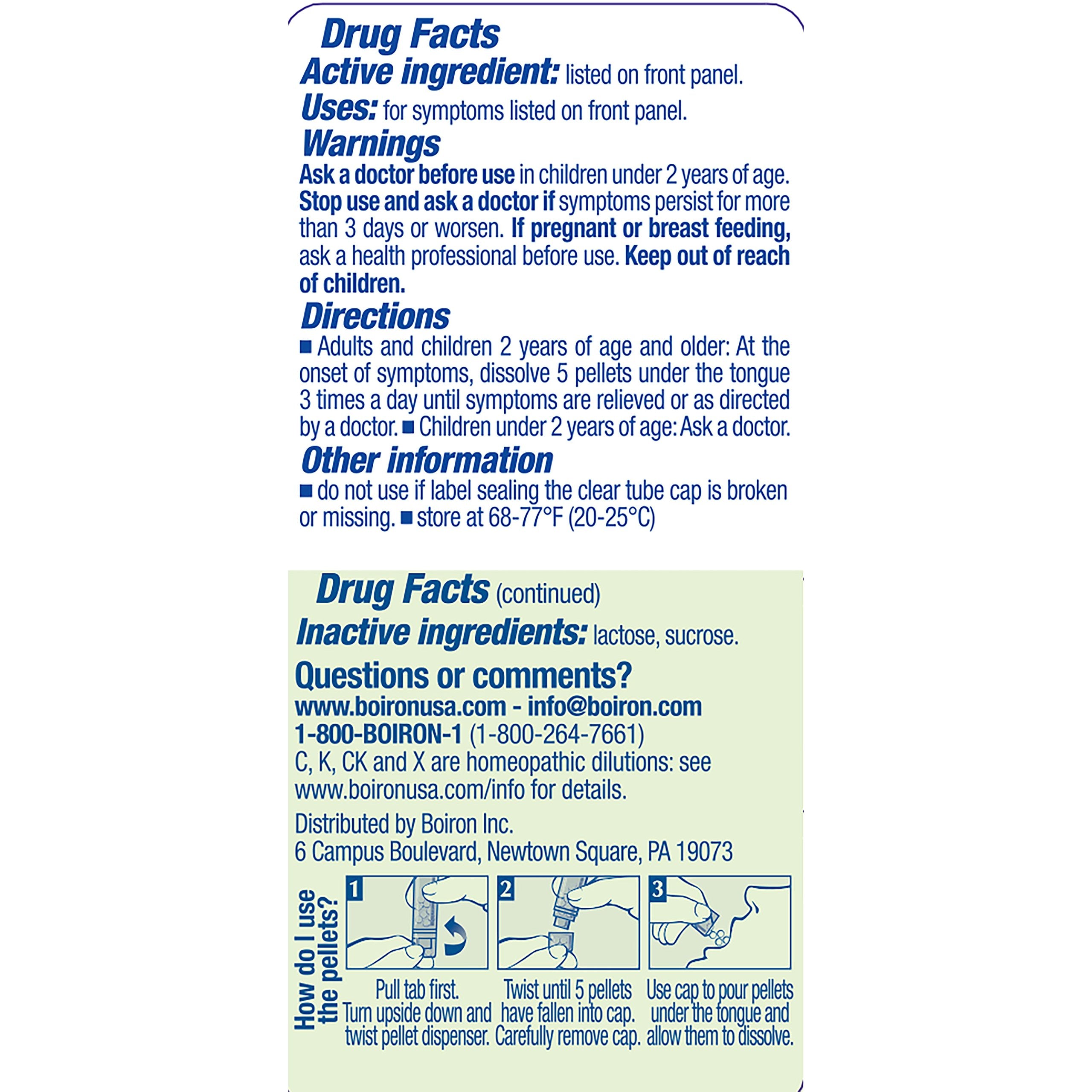 Boiron Symphytum Officinale pellets on pack view, easy home use and five-tube set