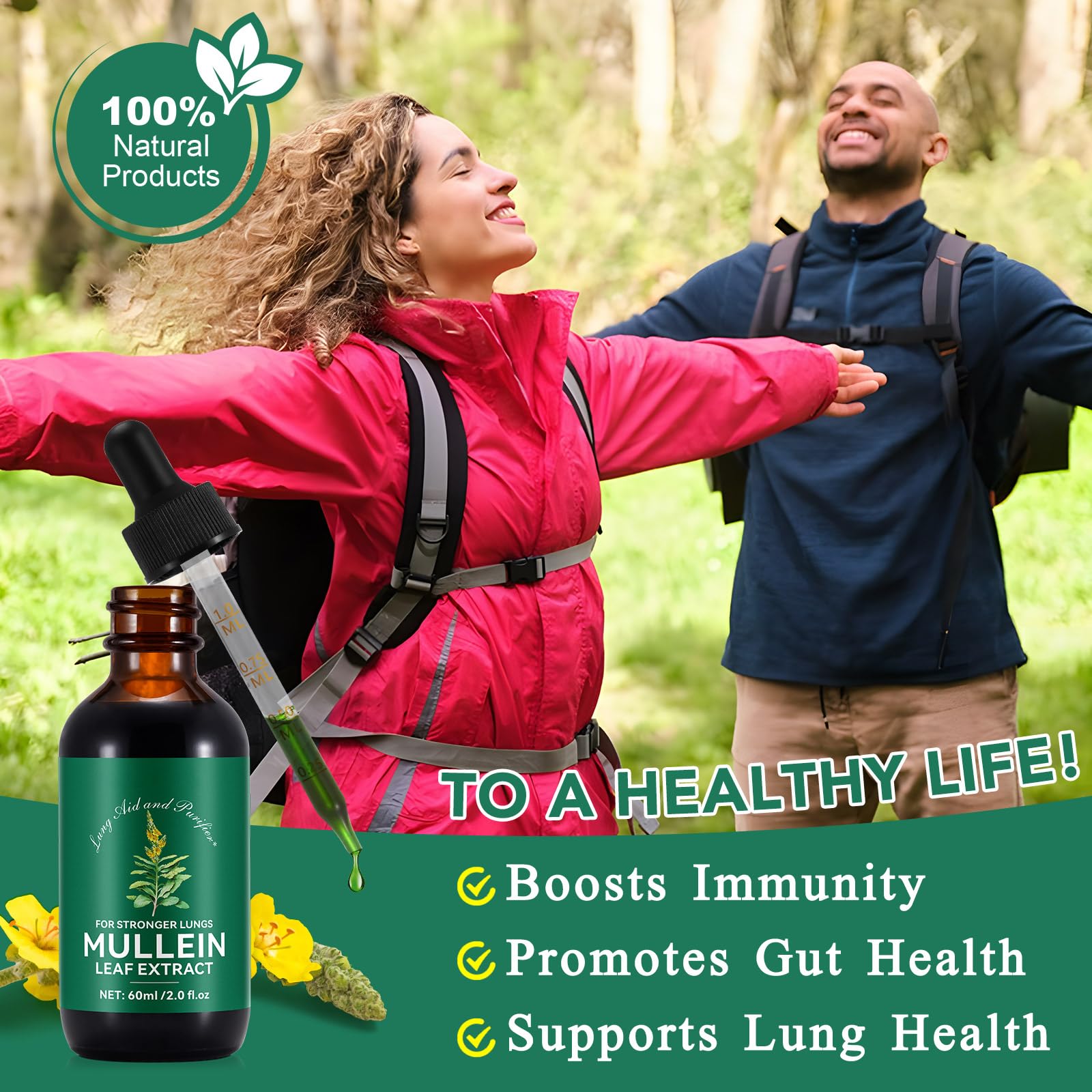 Chlorophyll detail highlights mucus clearance concept in the bottle close-up.