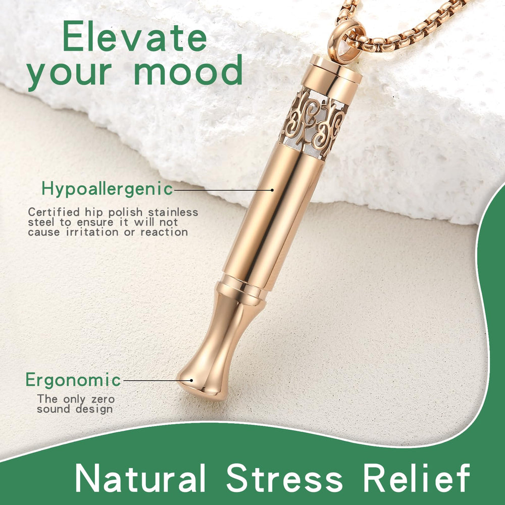 Rose gold diffusion necklace worn for portable aromatherapy.