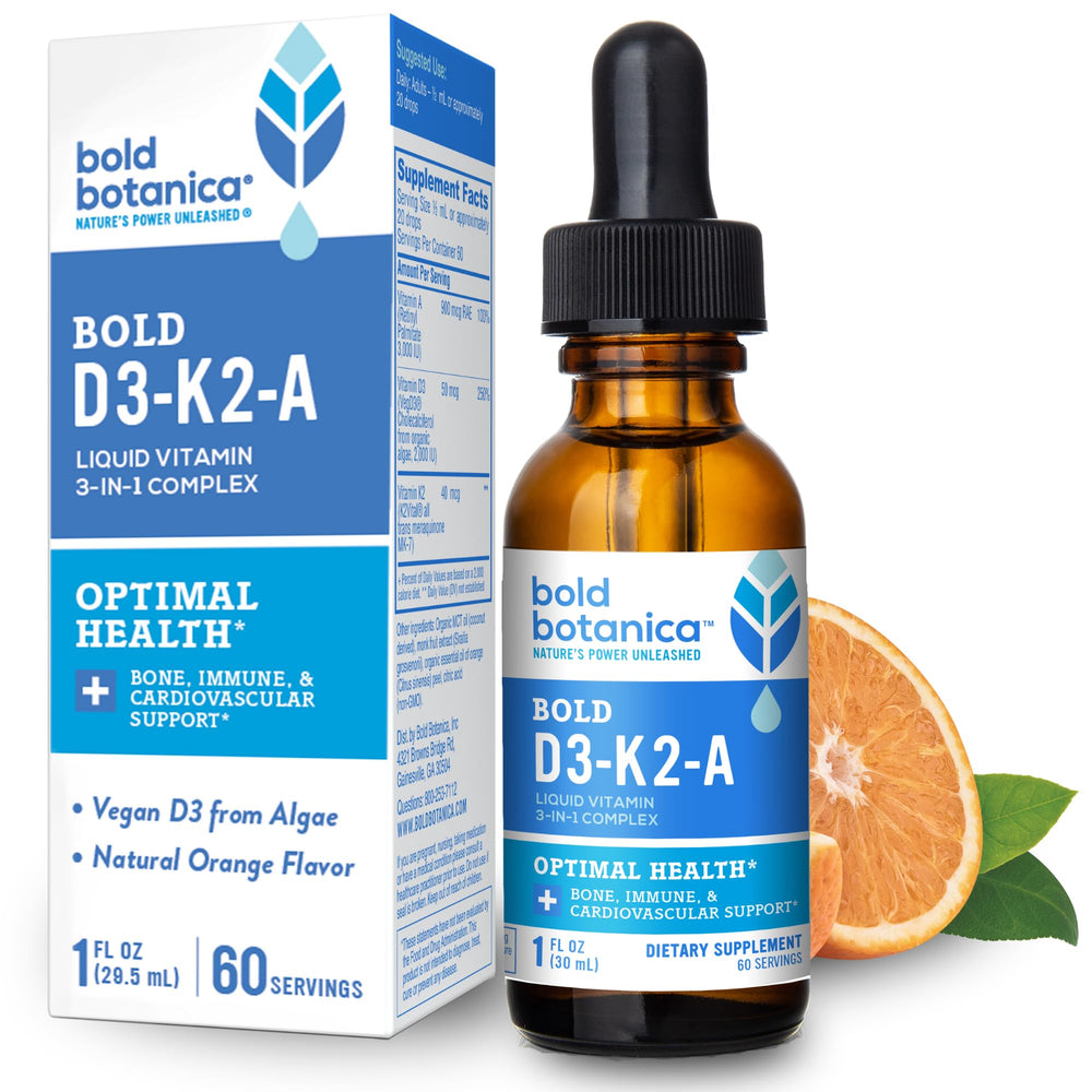 Bold Botanica D3-K2-A bottle being poured for easy daily use.