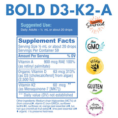 Bold Botanica D3-K2-A ingredients panel shows vegan algae D3 and MK7.