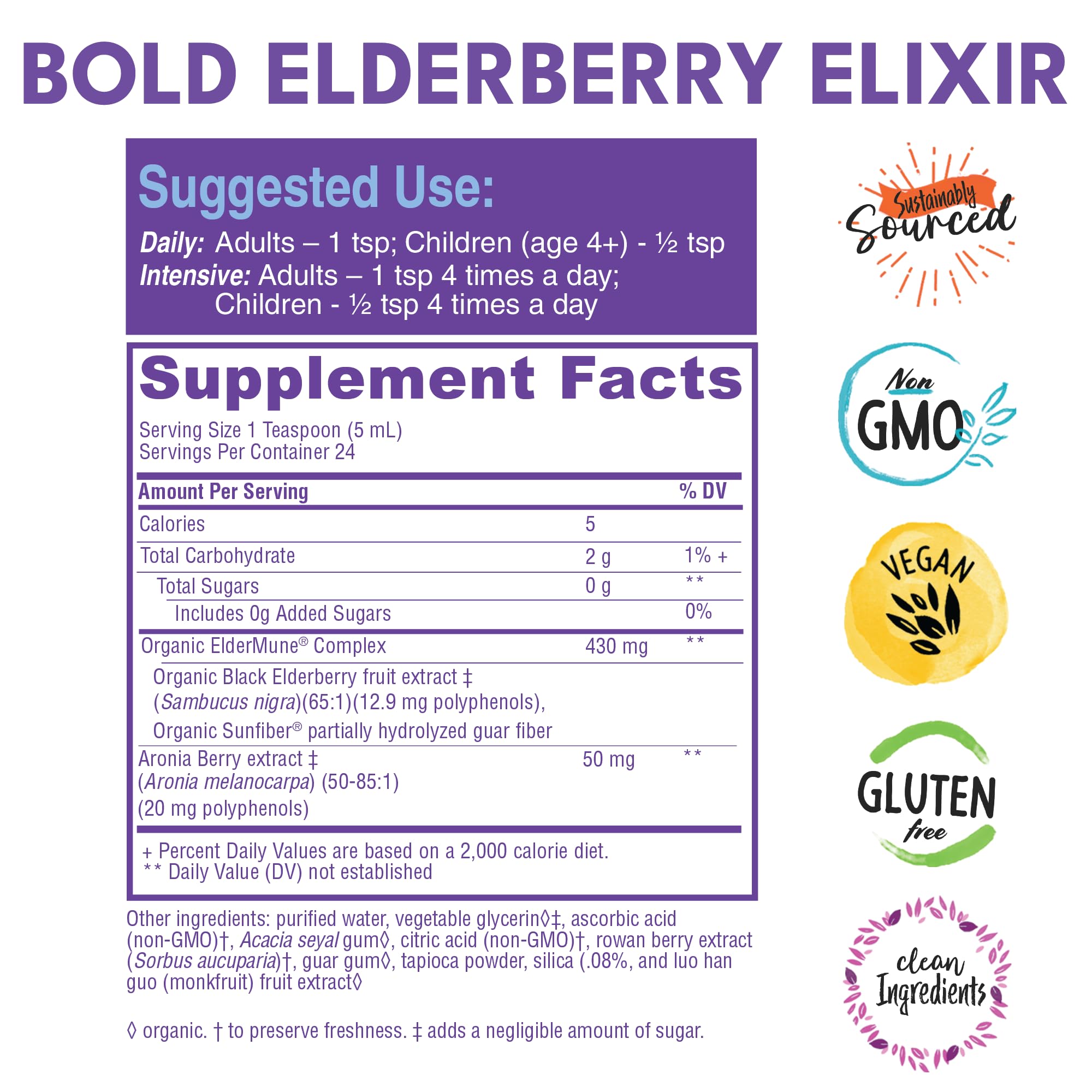 Bold Botanica Elderberry Elixir pour highlights concentrated elderberry extract for wellness routines.
