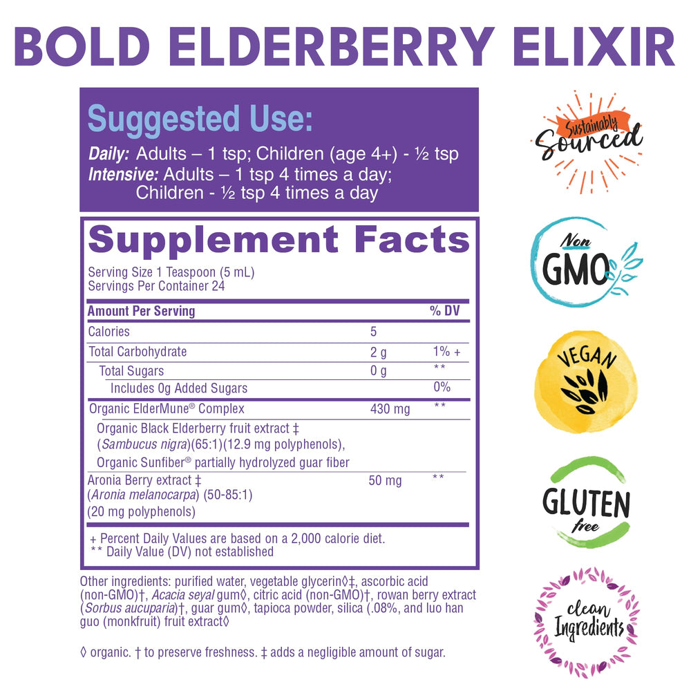 Bold Botanica Elderberry Elixir pour highlights concentrated elderberry extract for wellness routines.