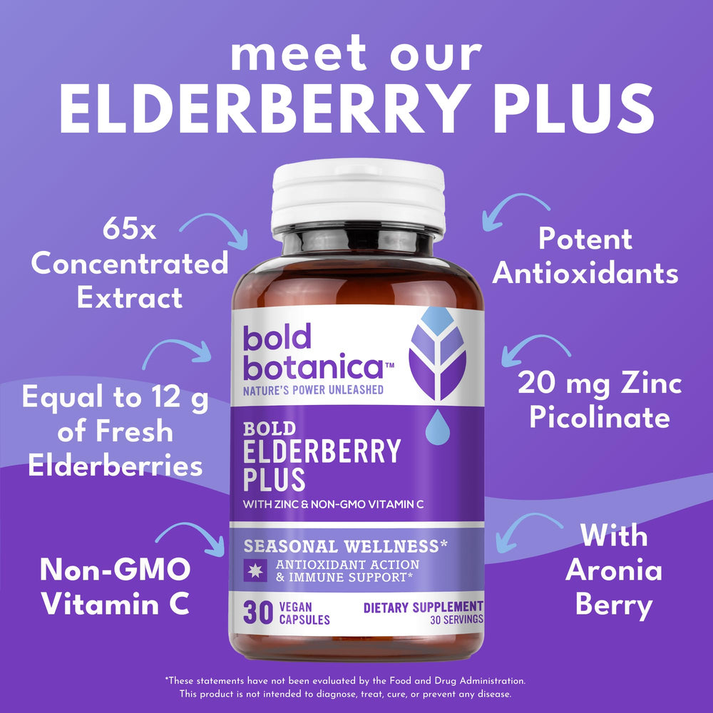 Bold Botanica Elderberry Plus capsules in the bottle ready for daily use.