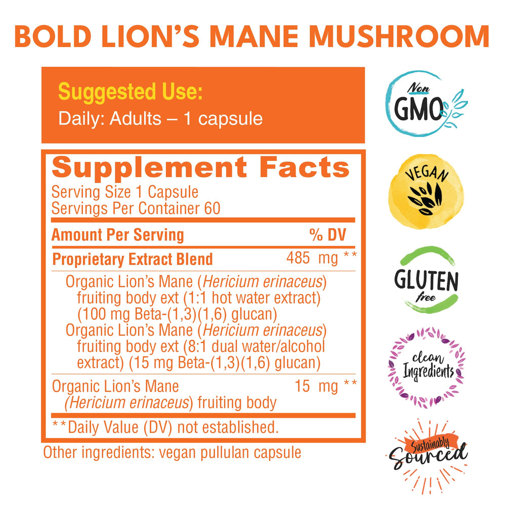 Bold Botanica Lion's Mane bottle — vegan, gluten-free capsules for daily support.