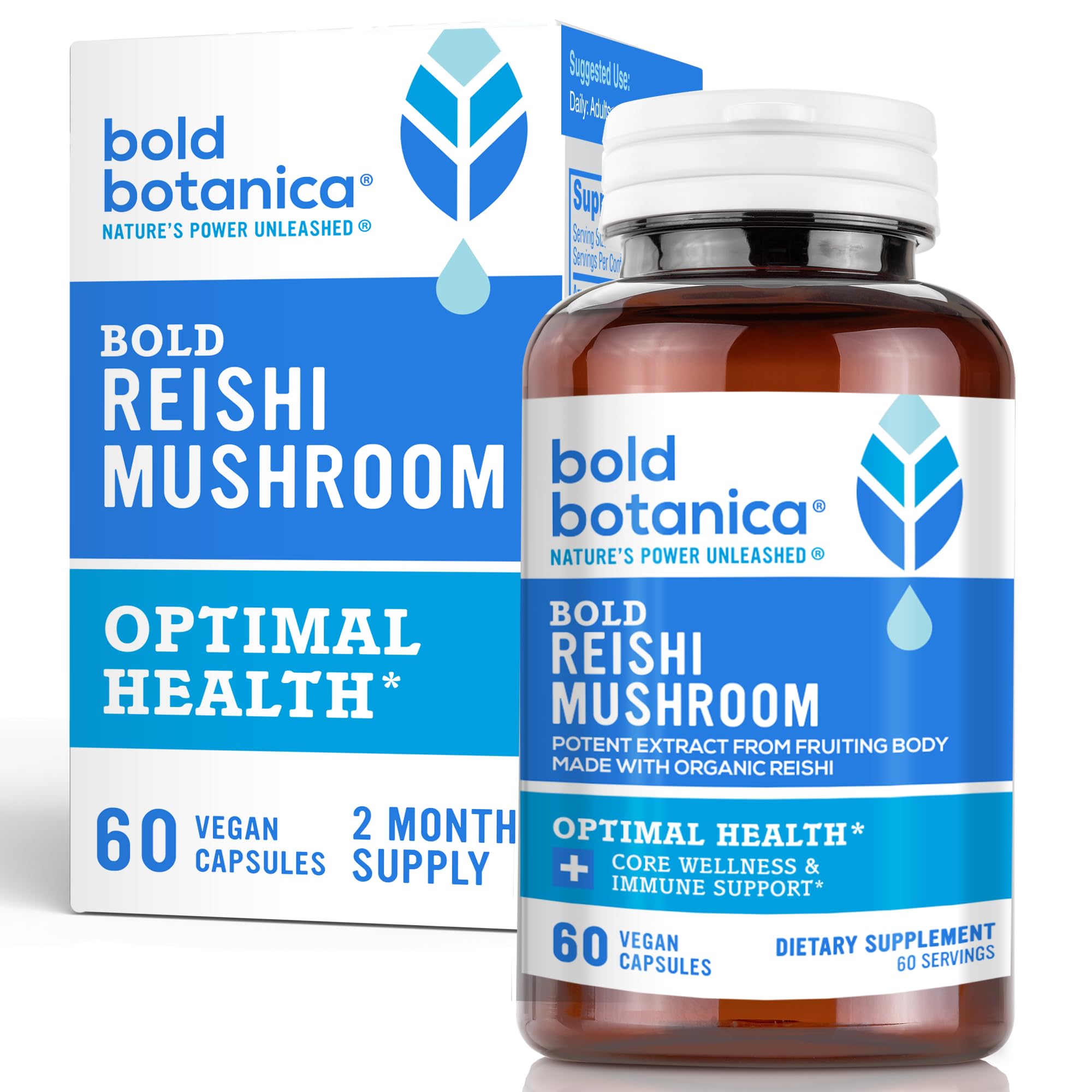 Bold Botanica Reishi capsules bottle pour for easy daily use and convenience.