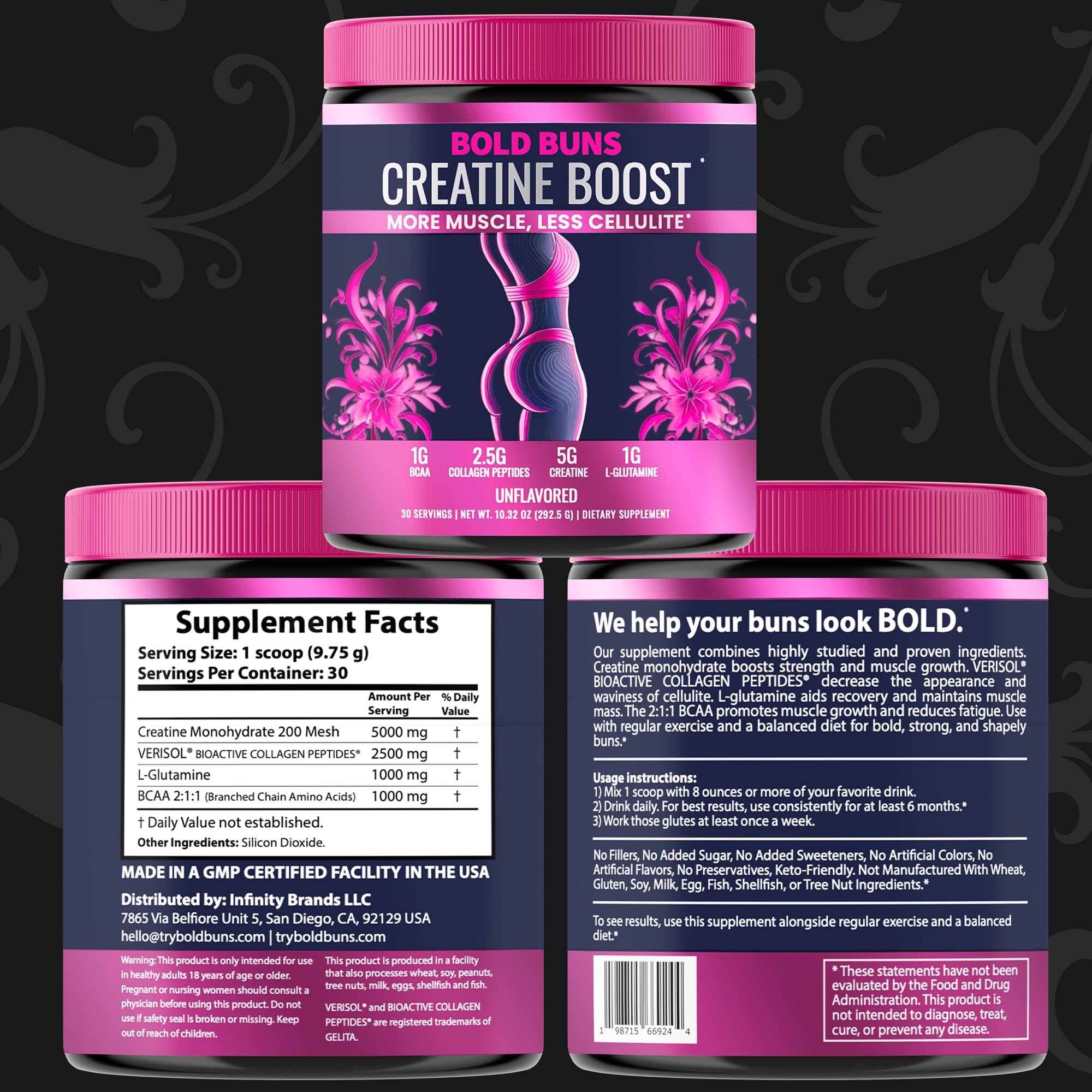 Bold Buns bottle and label showing serving size and ingredients