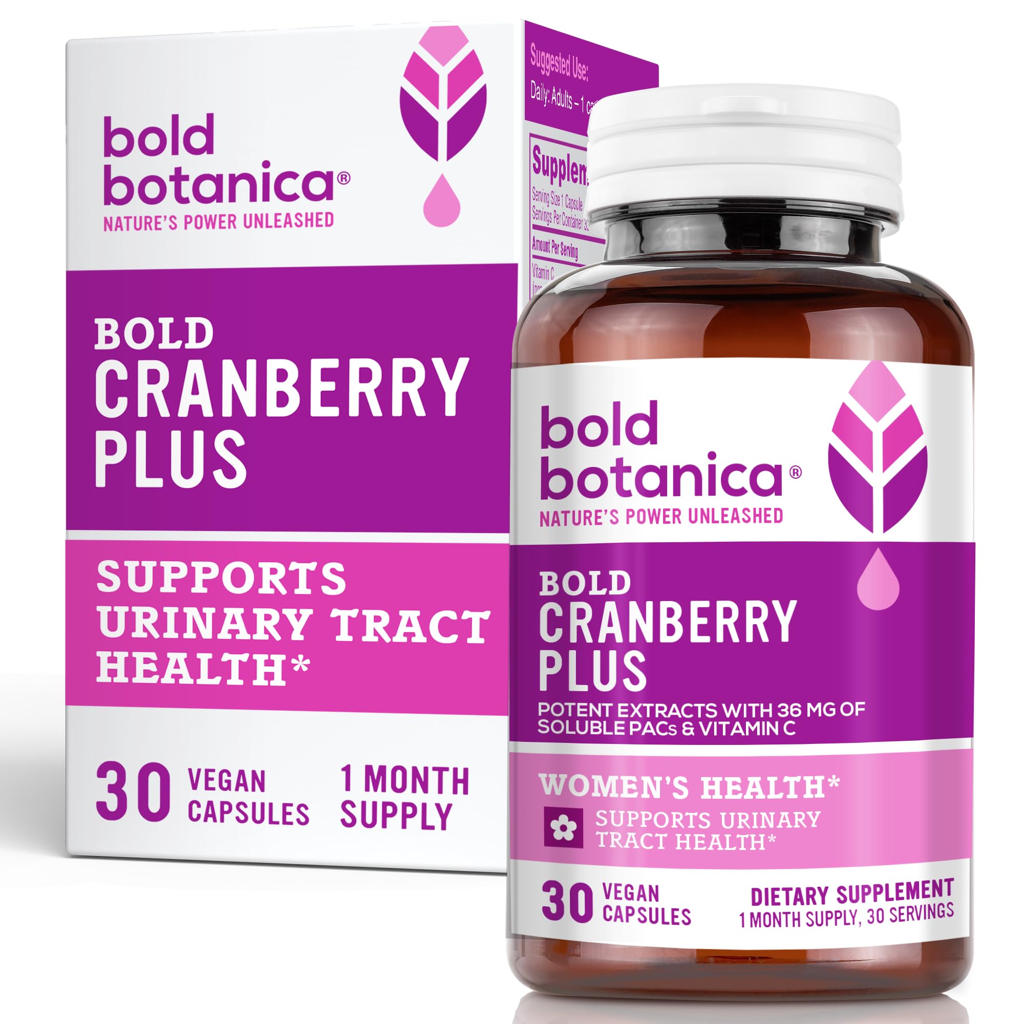 Bold Cranberry Plus bottle front, a vegan, non-GMO wellness option for daily urinary health support