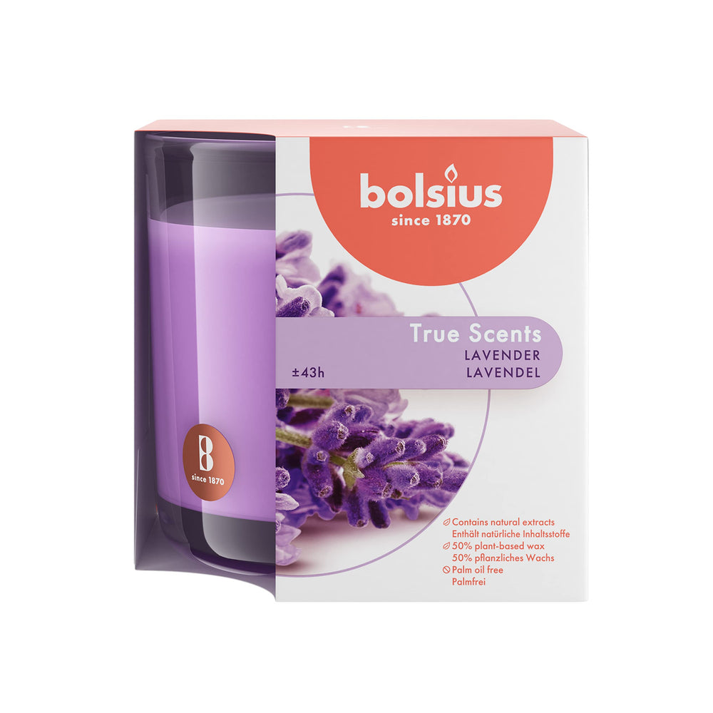 Bolsius lavender candle in a cozy room setting enhancing mood.