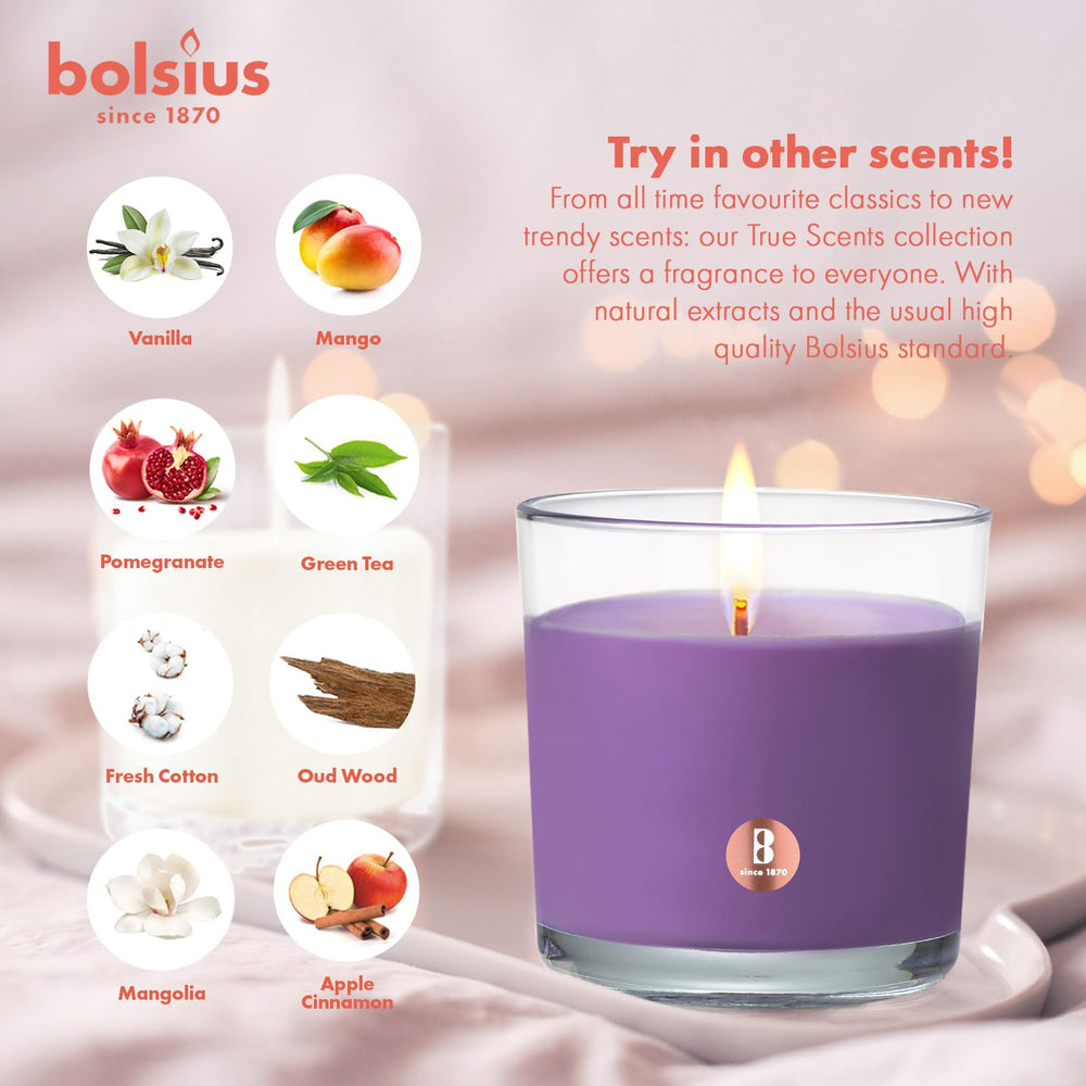 Bolsius lavender candle scent swirls in the air for gentle relaxation.