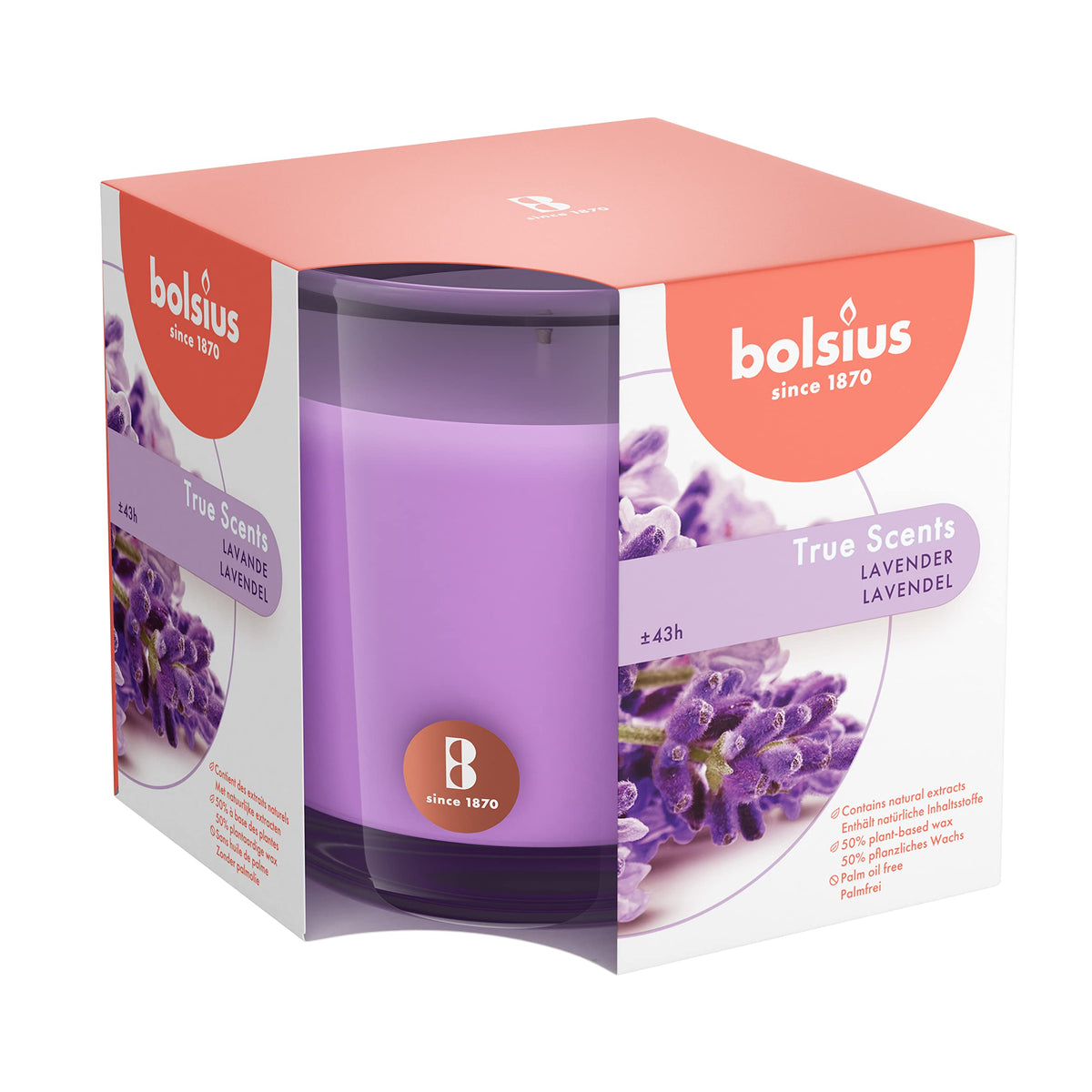 Bolsius Premium Lavender Candle in an 8oz jar for long-lasting aroma.