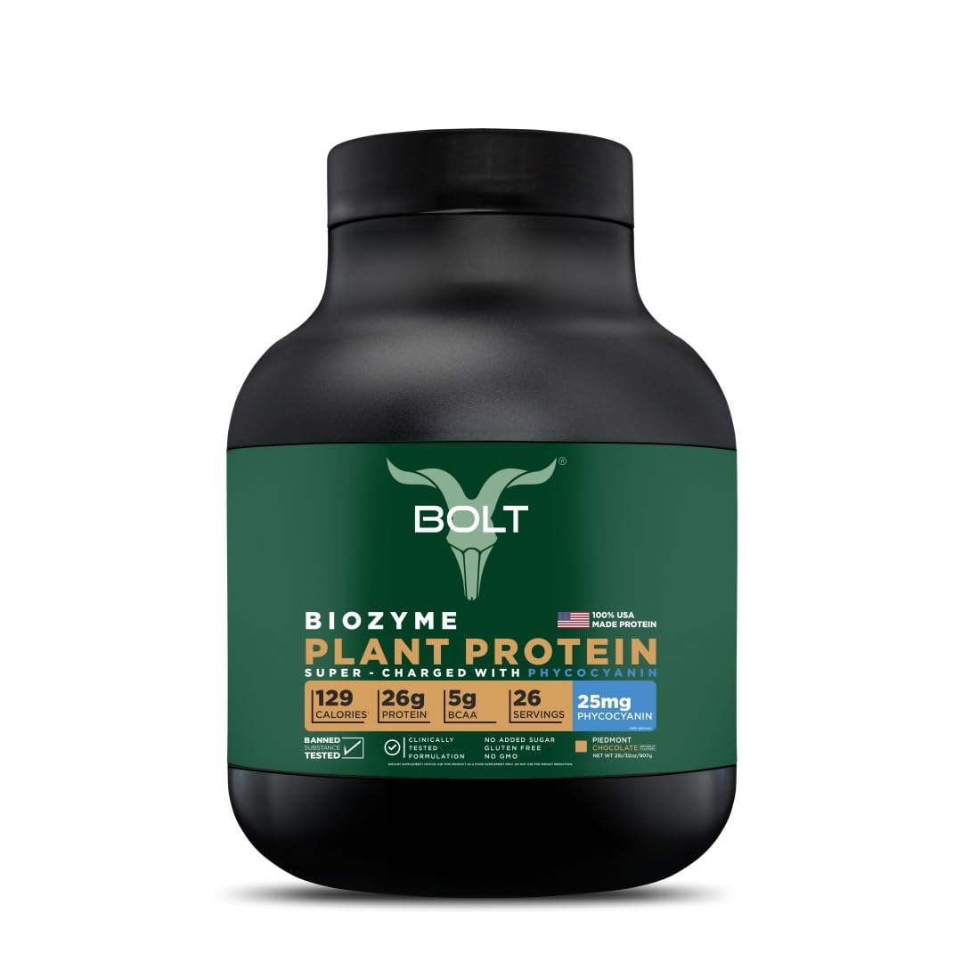 Bolt Nutrition Biozyme Plant Protein bottle highlights vegan formula for muscle support