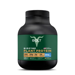 Bolt Nutrition Biozyme Plant Protein bottle highlights vegan formula for muscle support