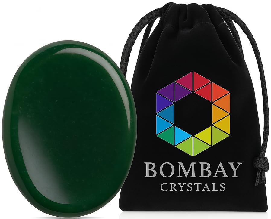 Bombay Crystals Export green jade worry stone in velvet pouch for portable calm.