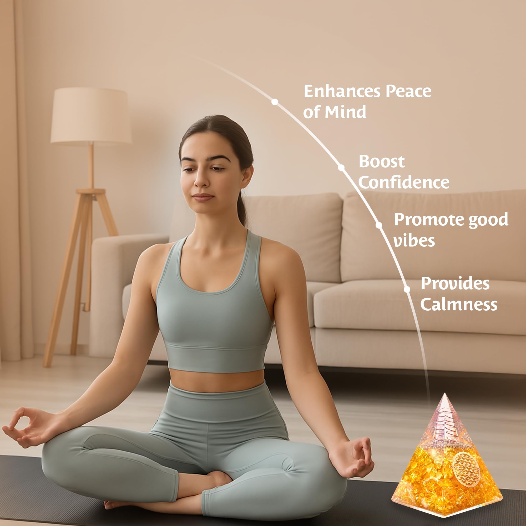 Bombay Crystals Export orgone citrine pyramid for energy harmony in home spaces.