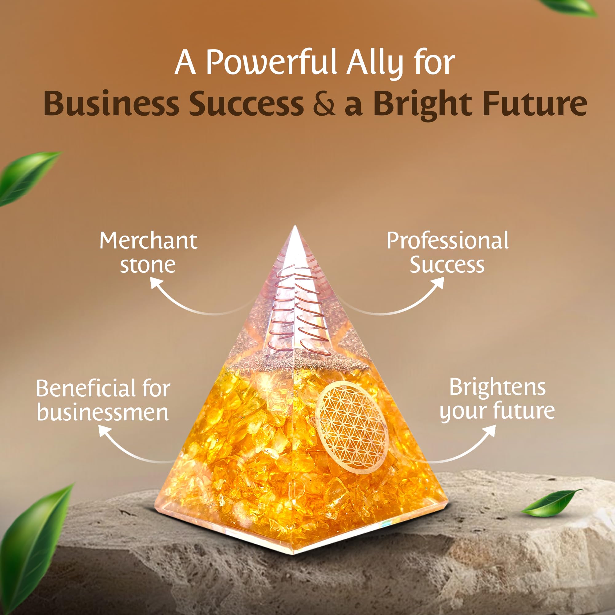 Handcrafted citrine pyramid by Bombay Crystals Export with resin and copper coil.