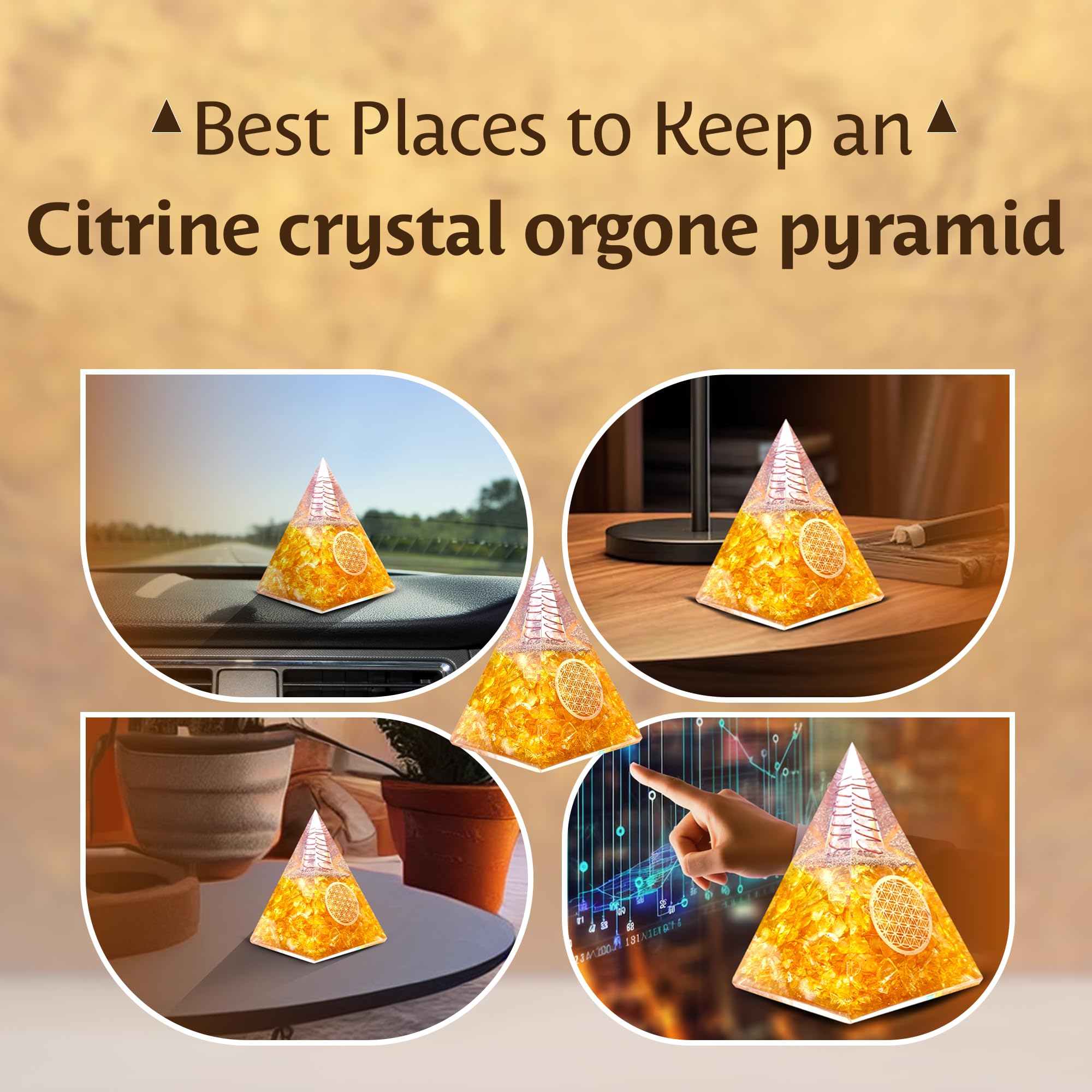 Bombay Crystals Export citrine pyramid in a serene meditation corner at home.