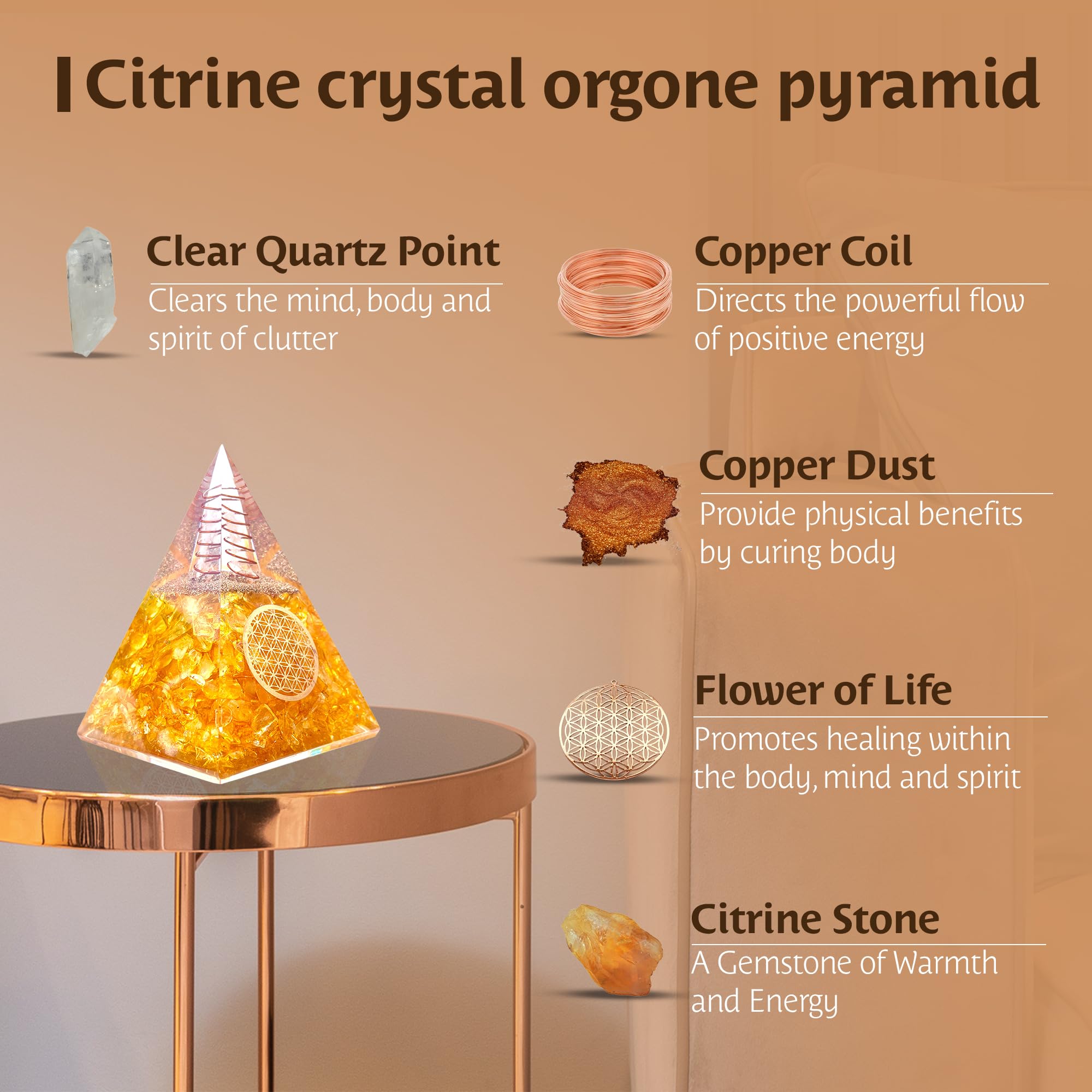 Bombay Crystals Export orgone citrine pyramid linked to abundance and opportunity.