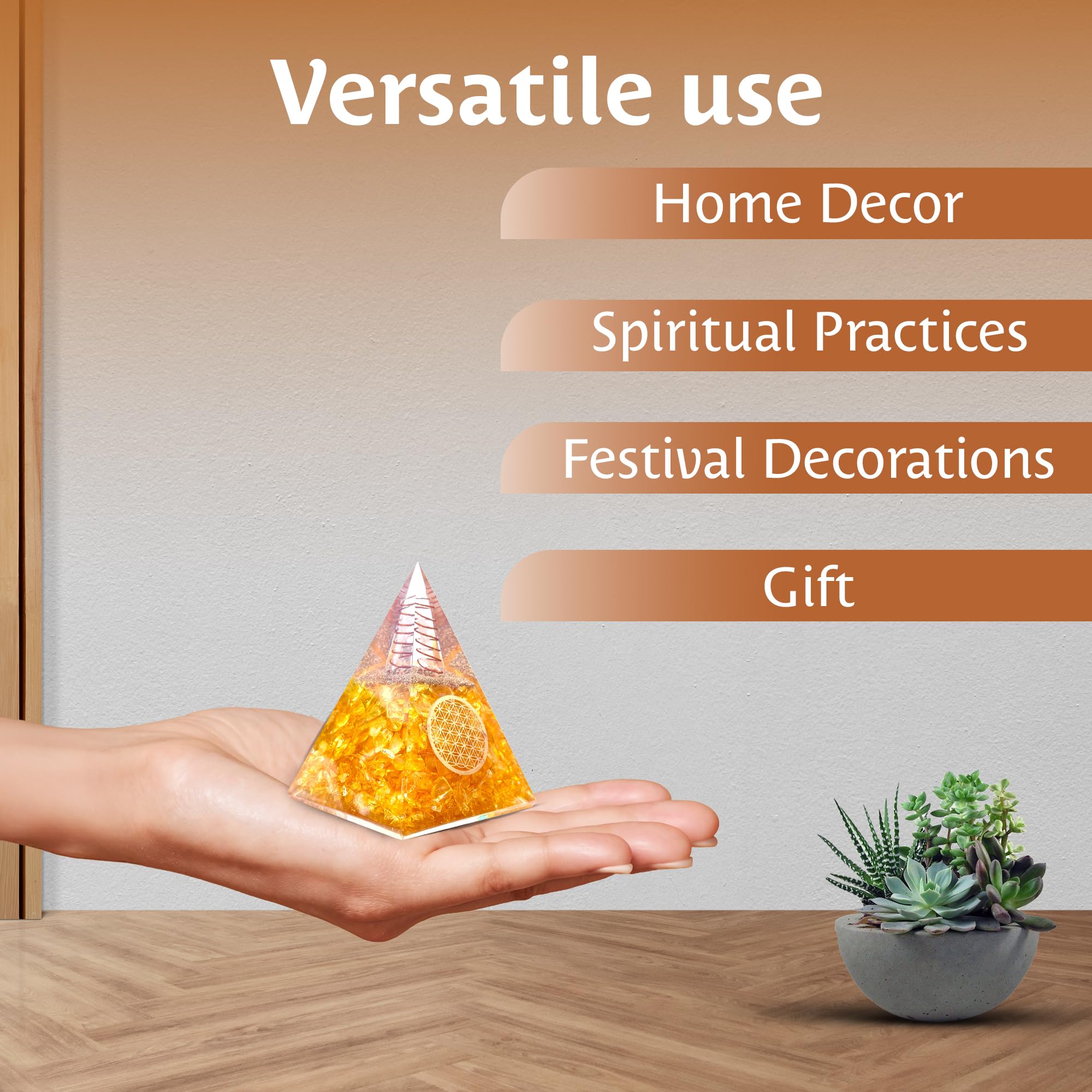 Bombay Crystals Export citrine pyramid supports Reiki-inspired energy work.