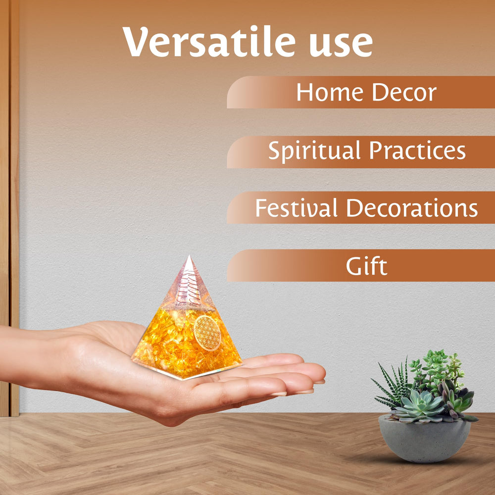 Bombay Crystals Export citrine pyramid supports Reiki-inspired energy work.