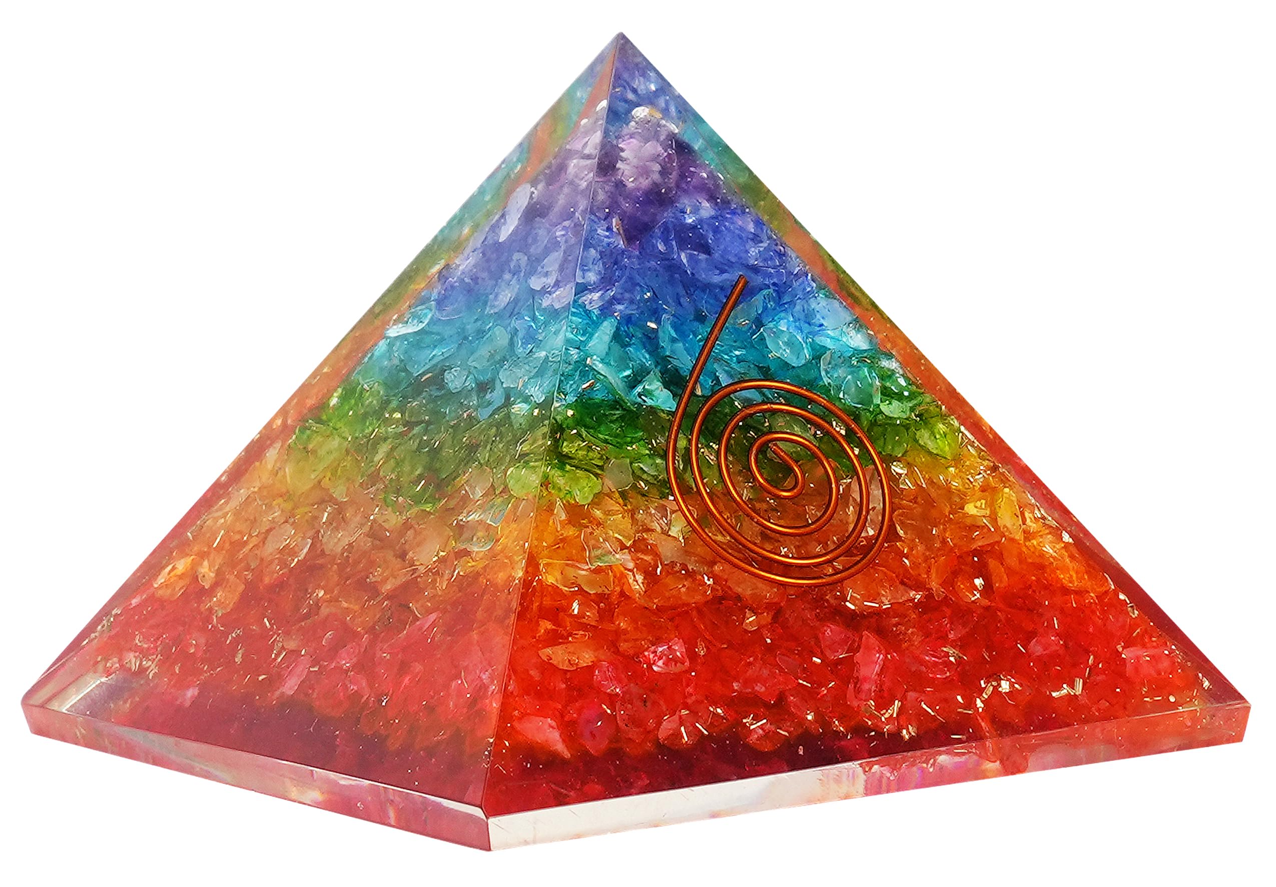 BOMBAY CRYSTALS EXPORT Orgone Pyramid with seven chakra layers balancing energy in your space.