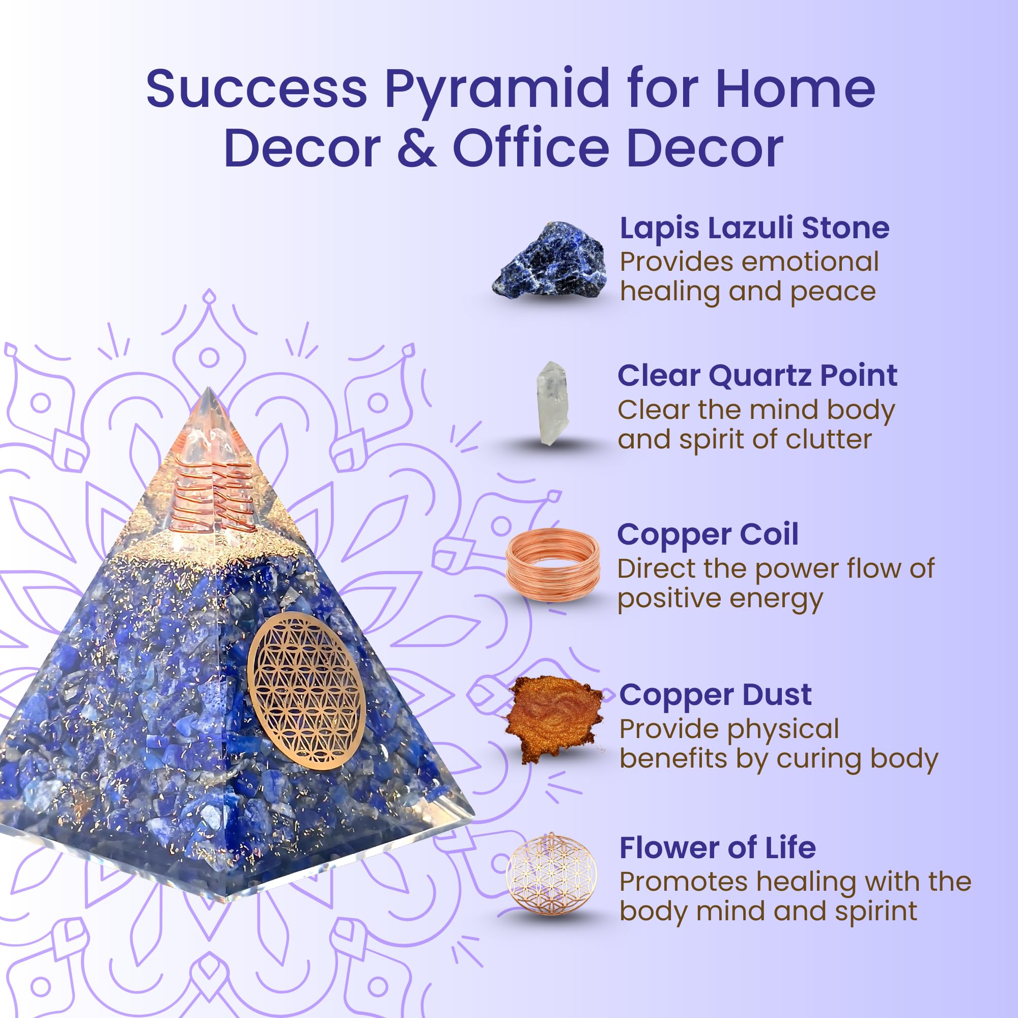 Bombay Crystals Export orgone pyramid lapis lazuli, closeup copper detail, promotes balanced ambient energy.